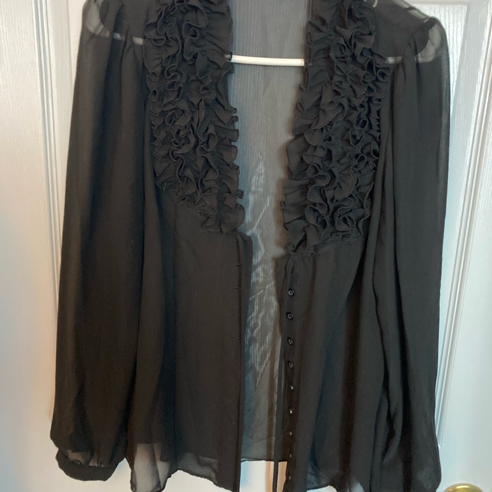 DM New York Chic Black Ruffled Blouse long sleeve button up size medium